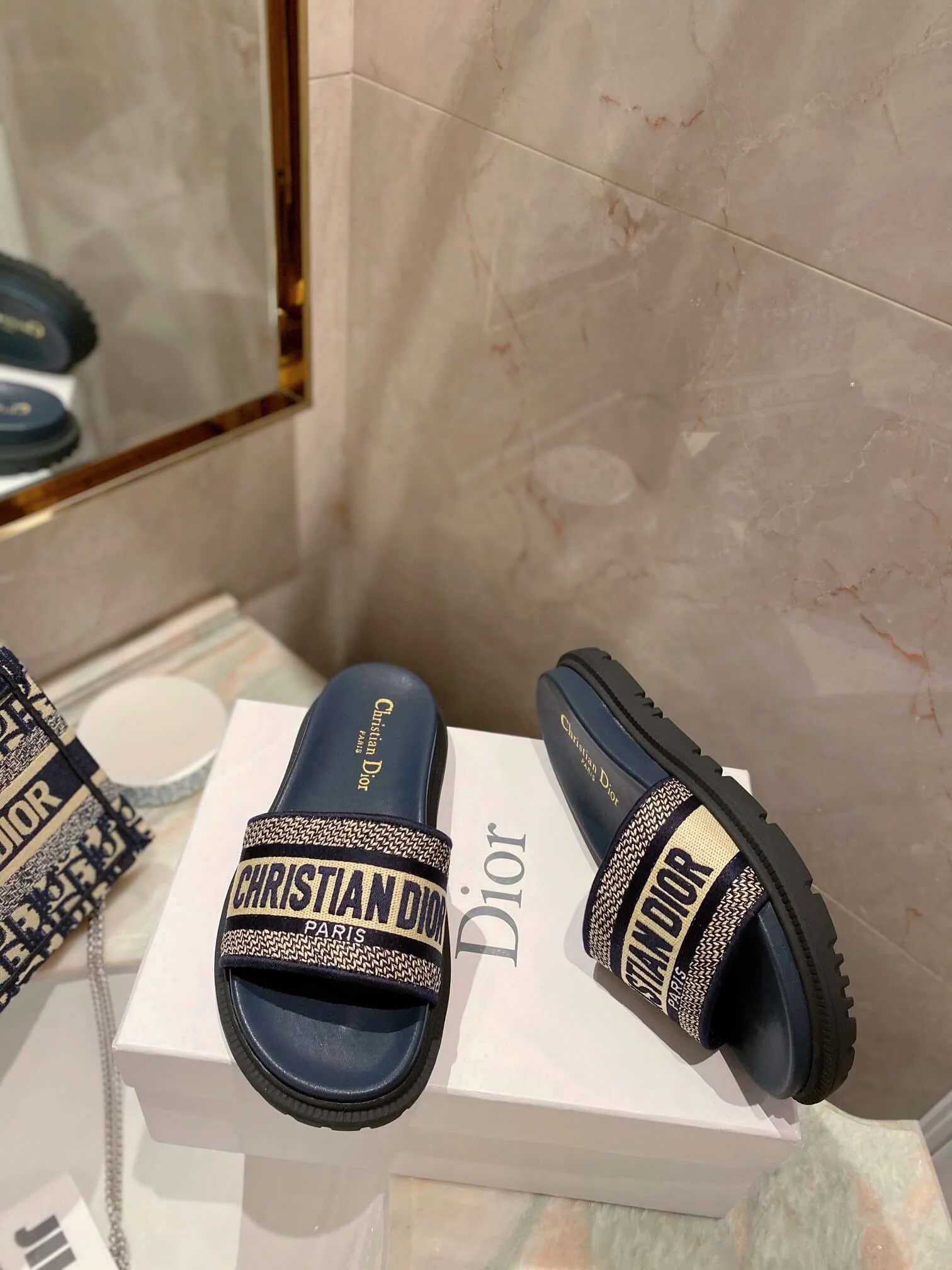 Dior D-Way Black with Gold Embroidered Strap Slides - Image 9