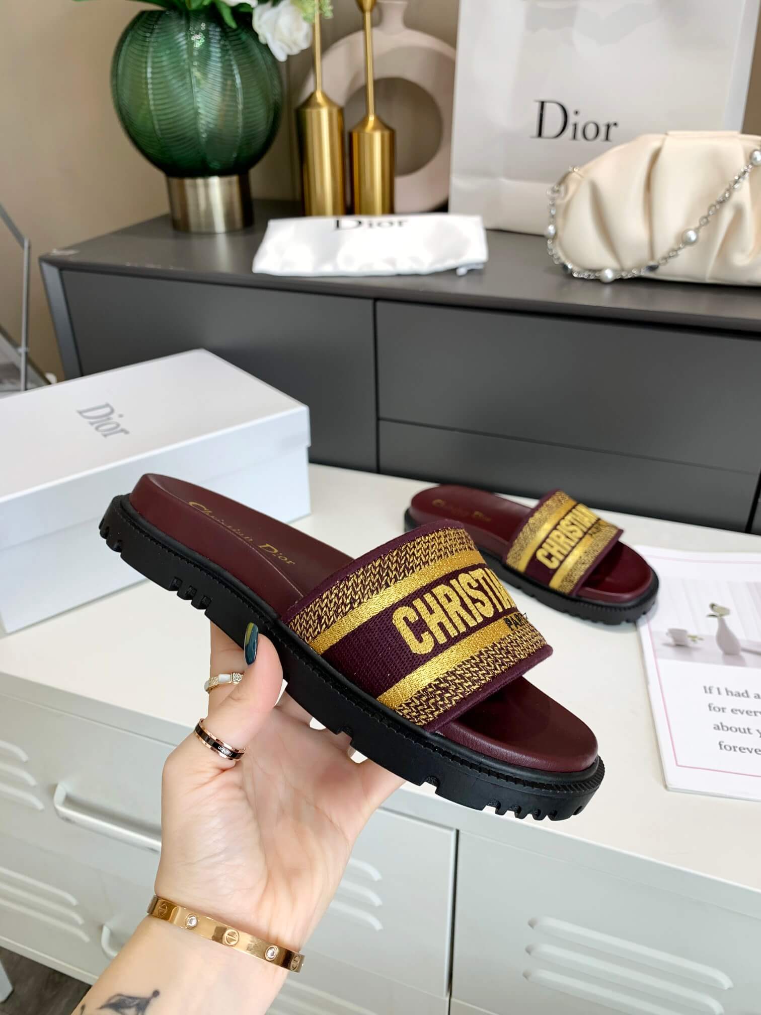 Dior D-Way Chocolate Brown with Gold Embroidered Strap Slides - Image 3