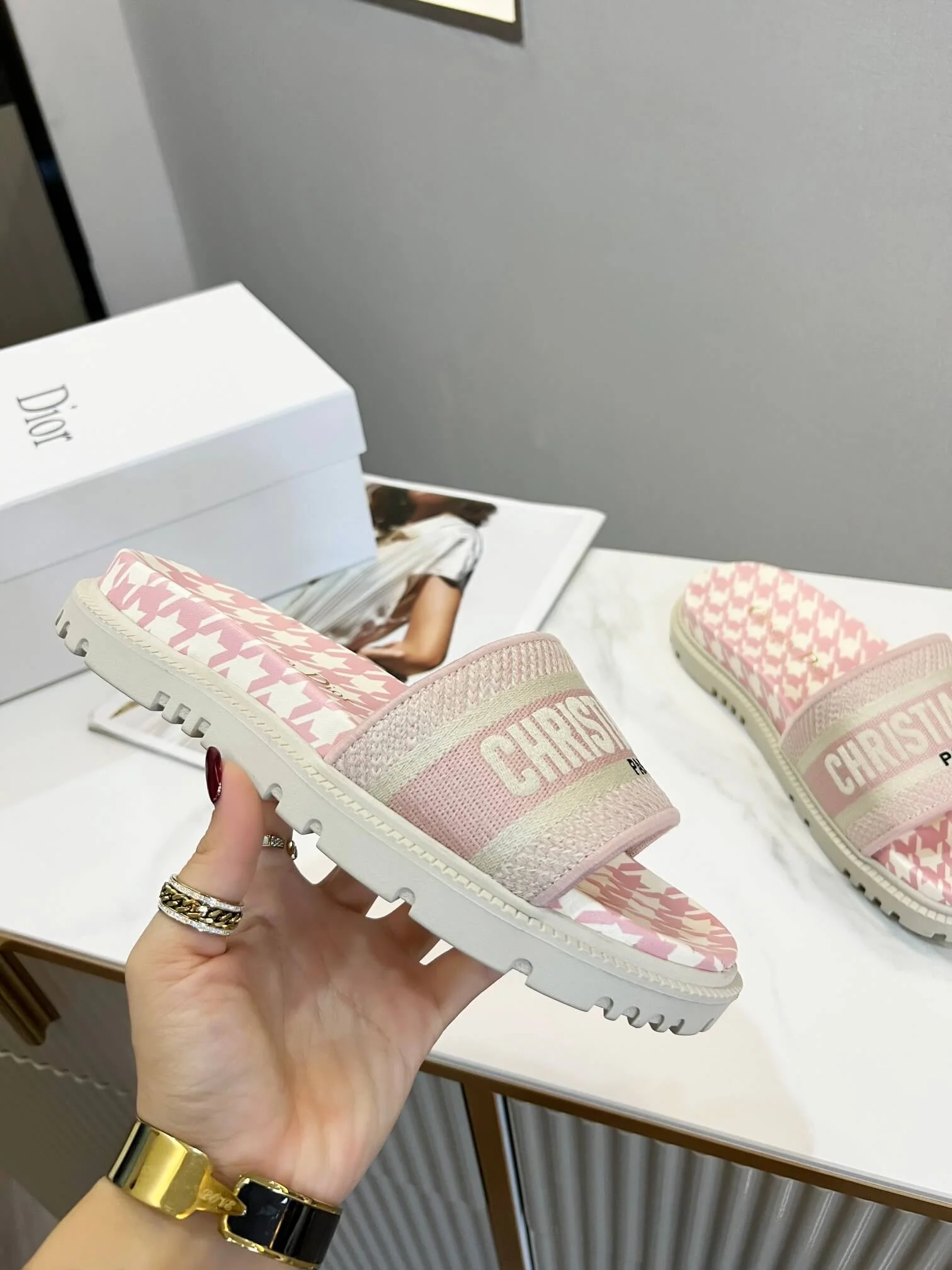 Dior D-Way Pink and White Houndstooth with Matching Embroidered Strap Slide - Image 4