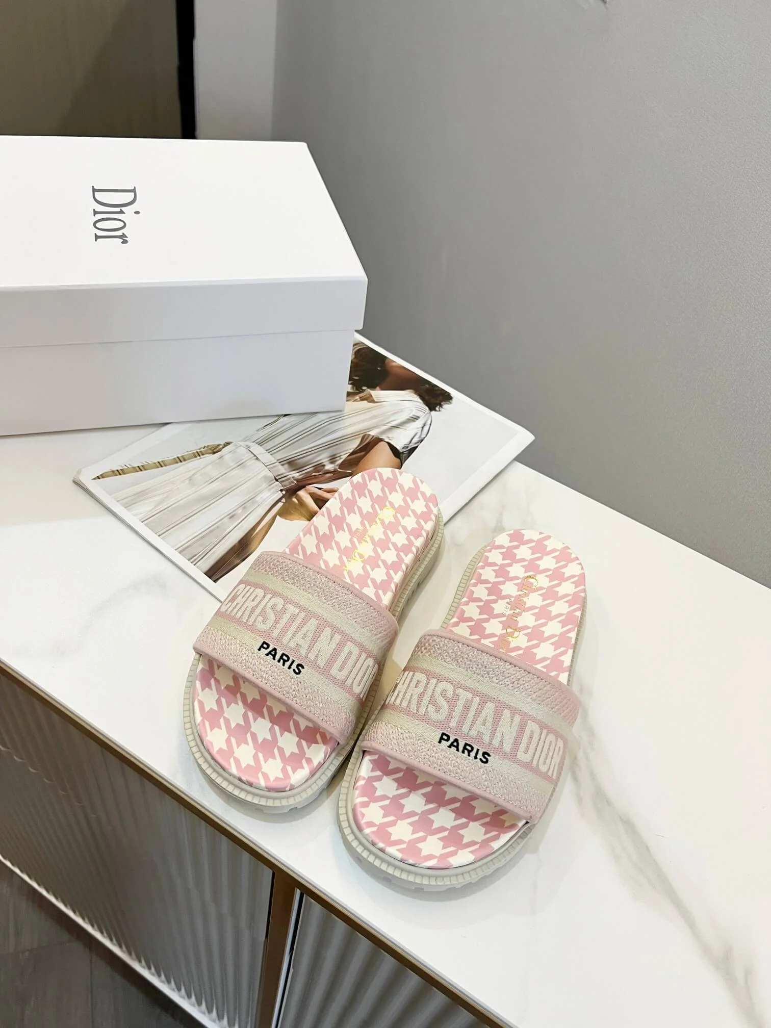 Dior D-Way Pink and White Houndstooth with Matching Embroidered Strap Slide - Image 9
