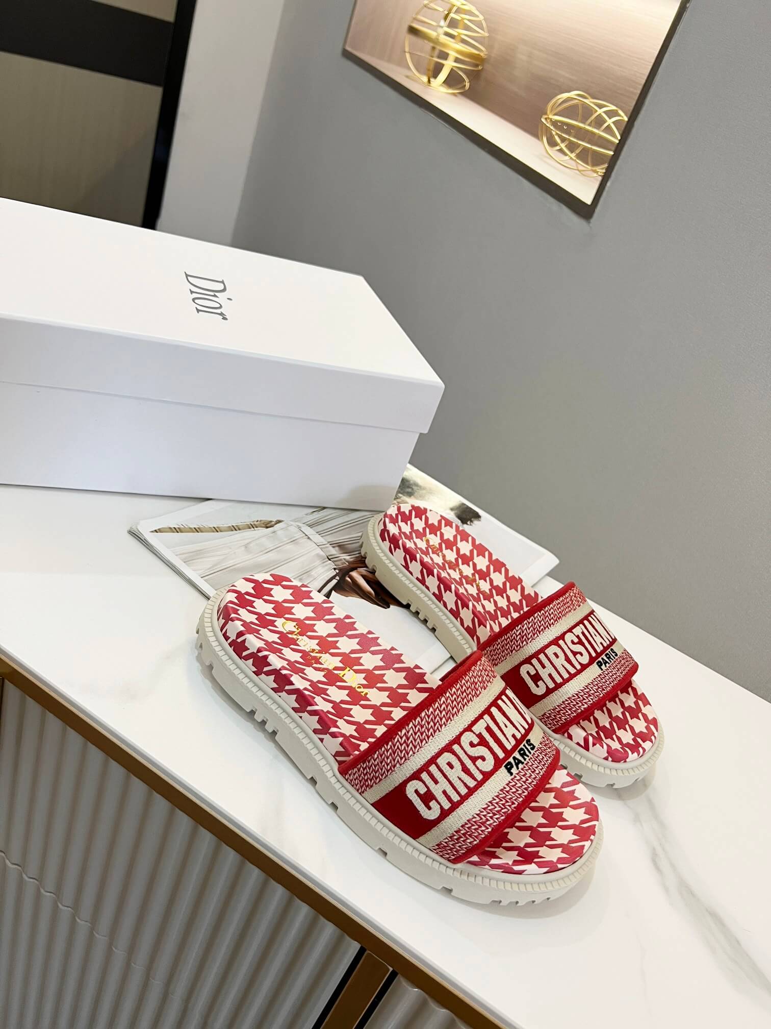 Dior D-Way Red and White Houndstooth with Matching Embroidered Strap Slide - Image 2
