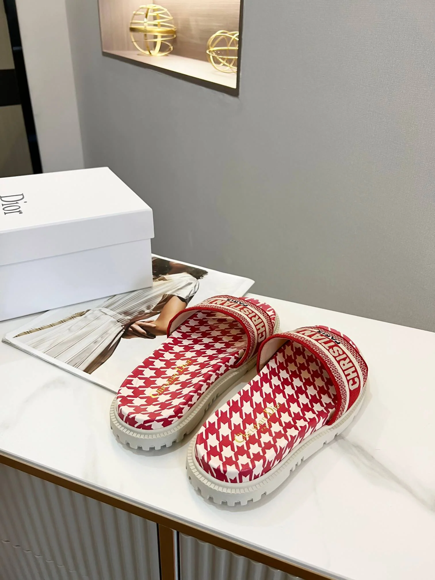 Dior D-Way Red and White Houndstooth with Matching Embroidered Strap Slide - Image 3