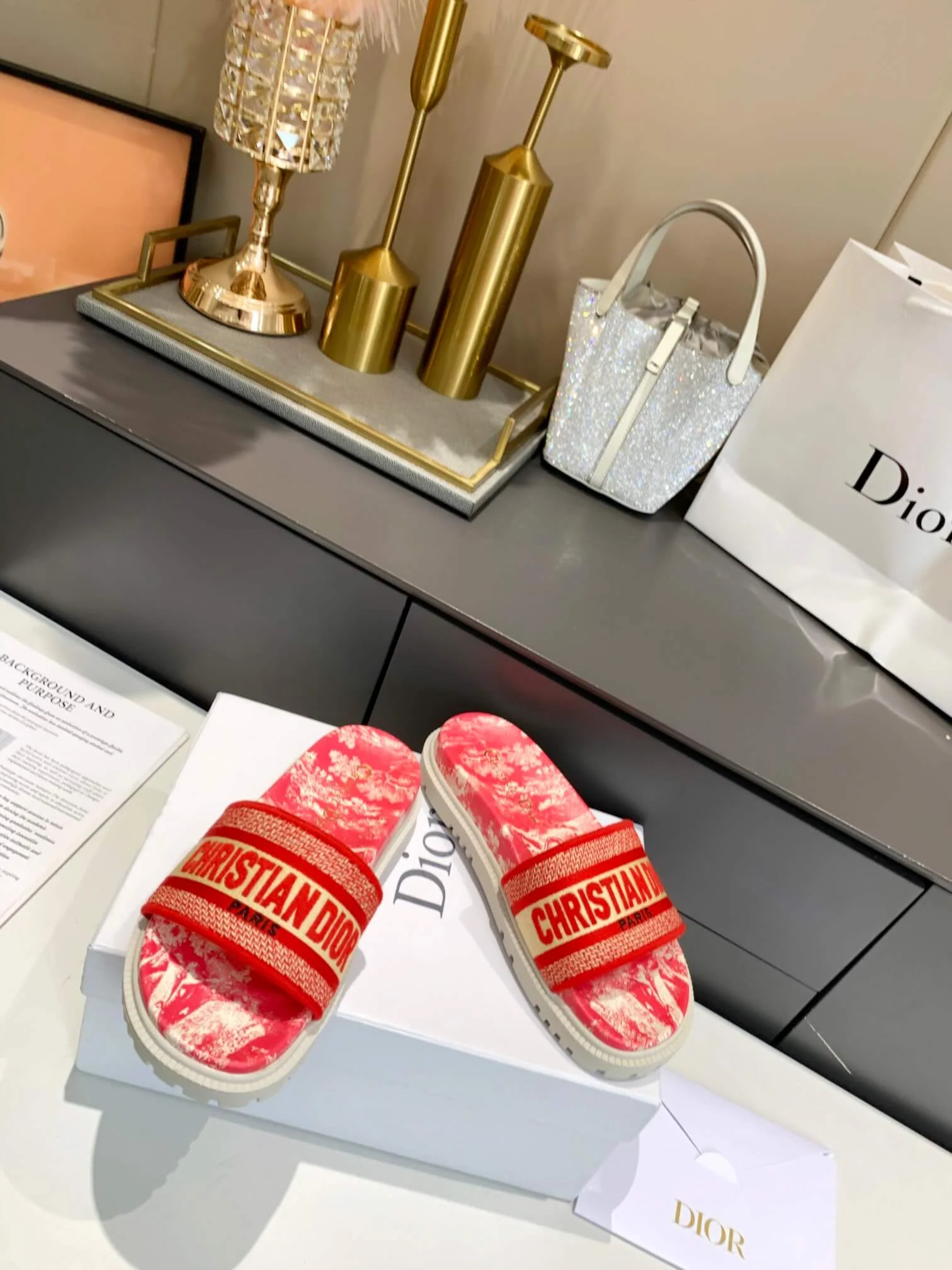 Dior D-Way Red Marble with Bold Orange Embroidered Strap Slides - Image 4