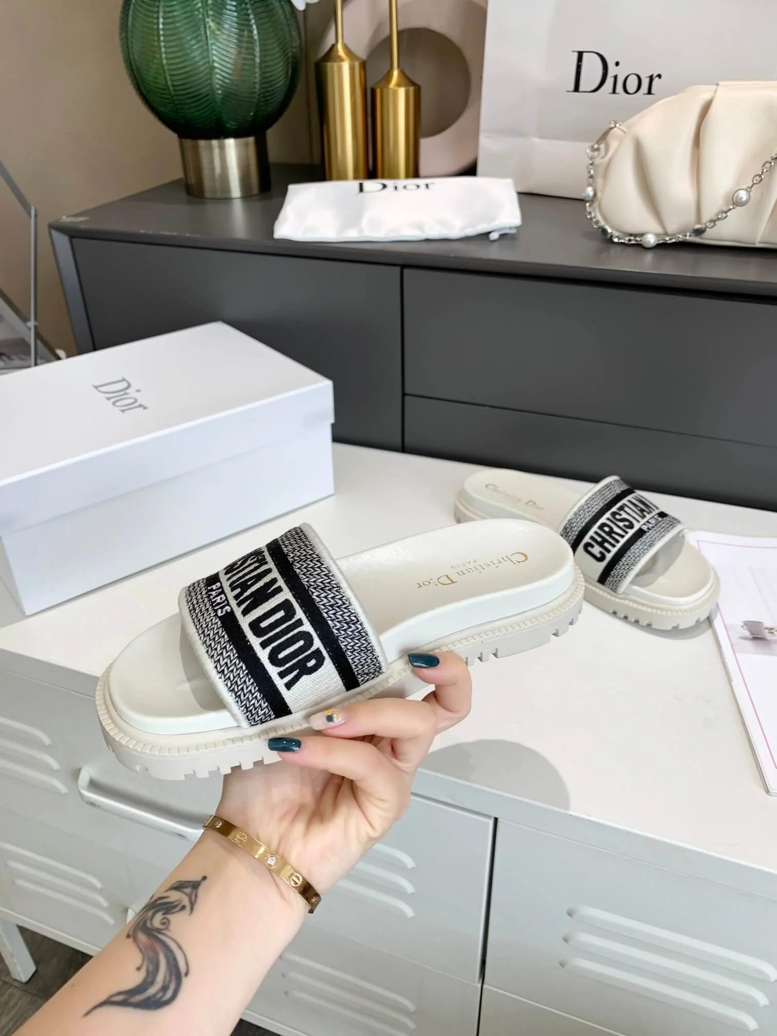 Dior D-Way White with Black Embroidered Strap Slides - Image 6