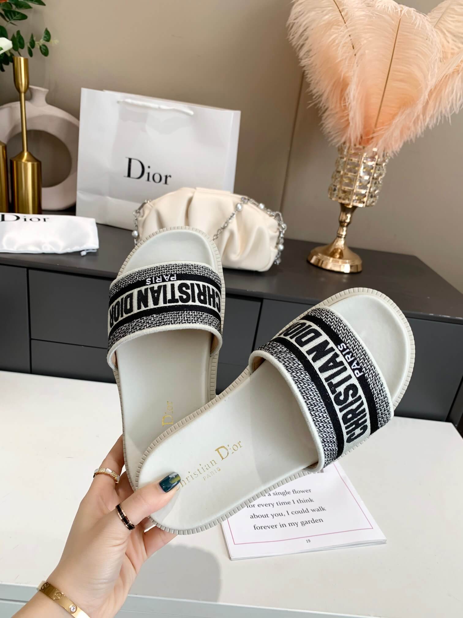Dior D-Way White with Black Embroidered Strap Slides - Image 8
