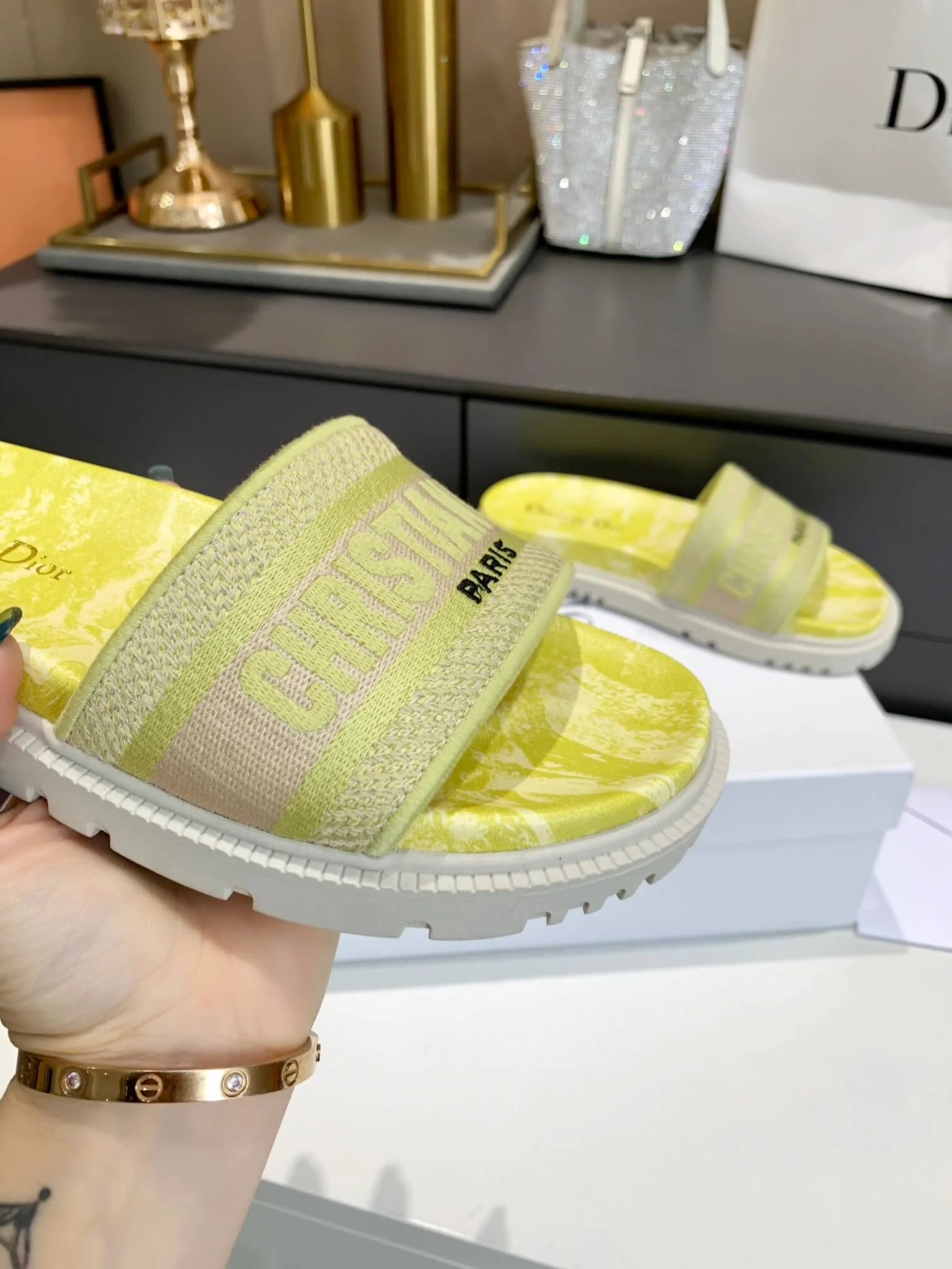 Dior D-Way Yellow Marble with Beige Embroidered Strap Slides - Image 2