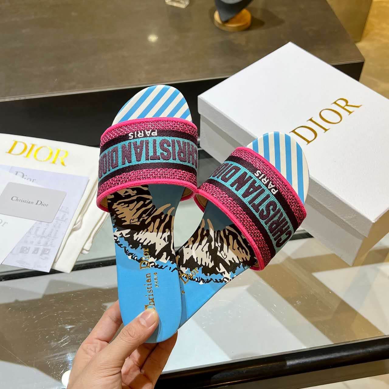 Dior Dway Blue with Pink and Black Embroidered Strap Slide Sandals - Image 6