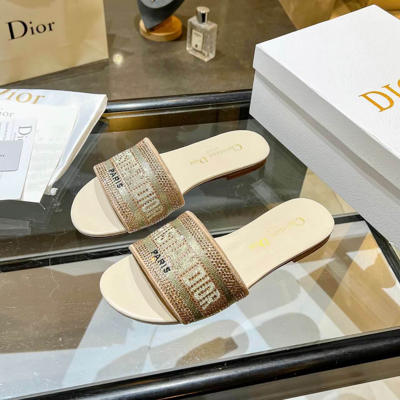 Dior Dway Gold Crystal Embellished Slide Sandals - Image 2