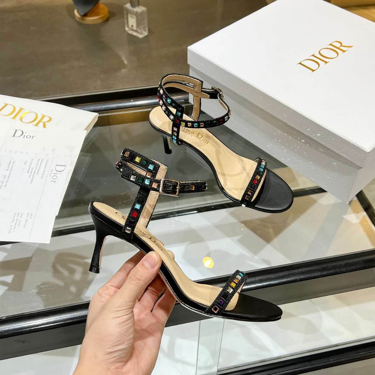 Dior Dway Heeled Sandal Cream and Black Mixed Heel - Image 8