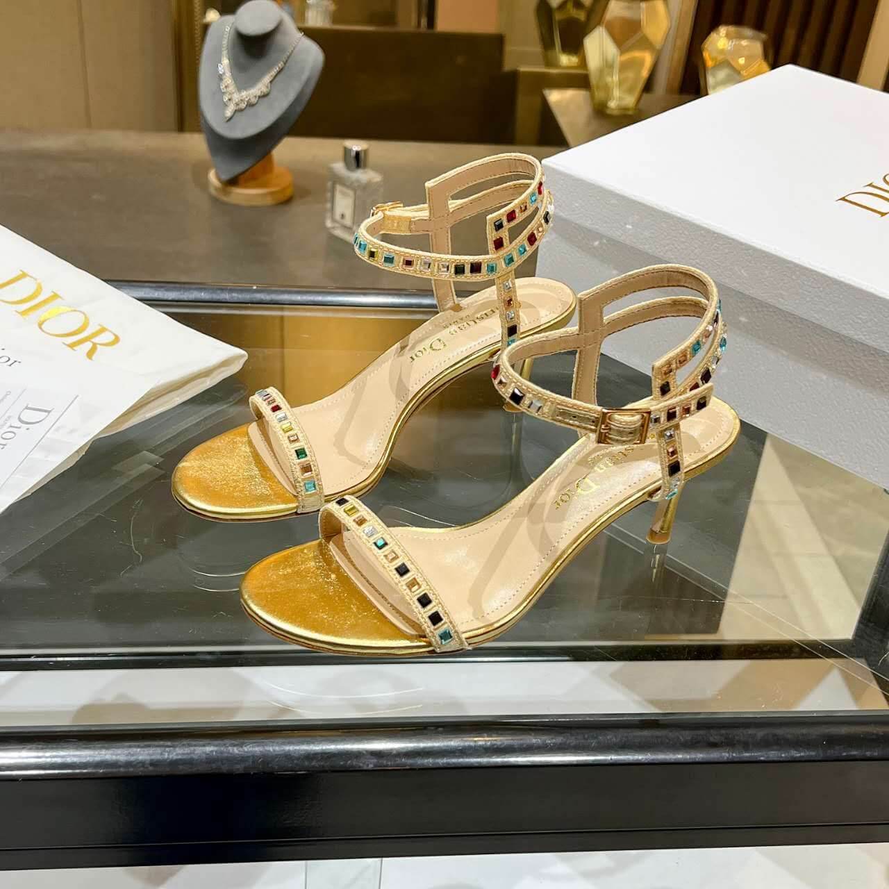 Dior Dway Heeled Sandal Gold with Mixed Pitch Heel - Image 2
