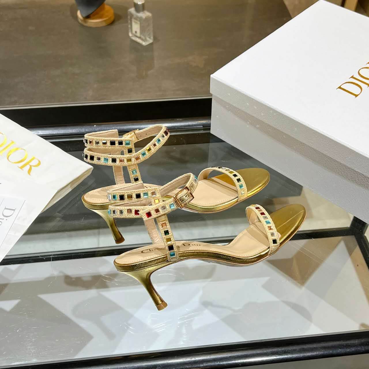 Dior Dway Heeled Sandal Gold with Mixed Pitch Heel - Image 9