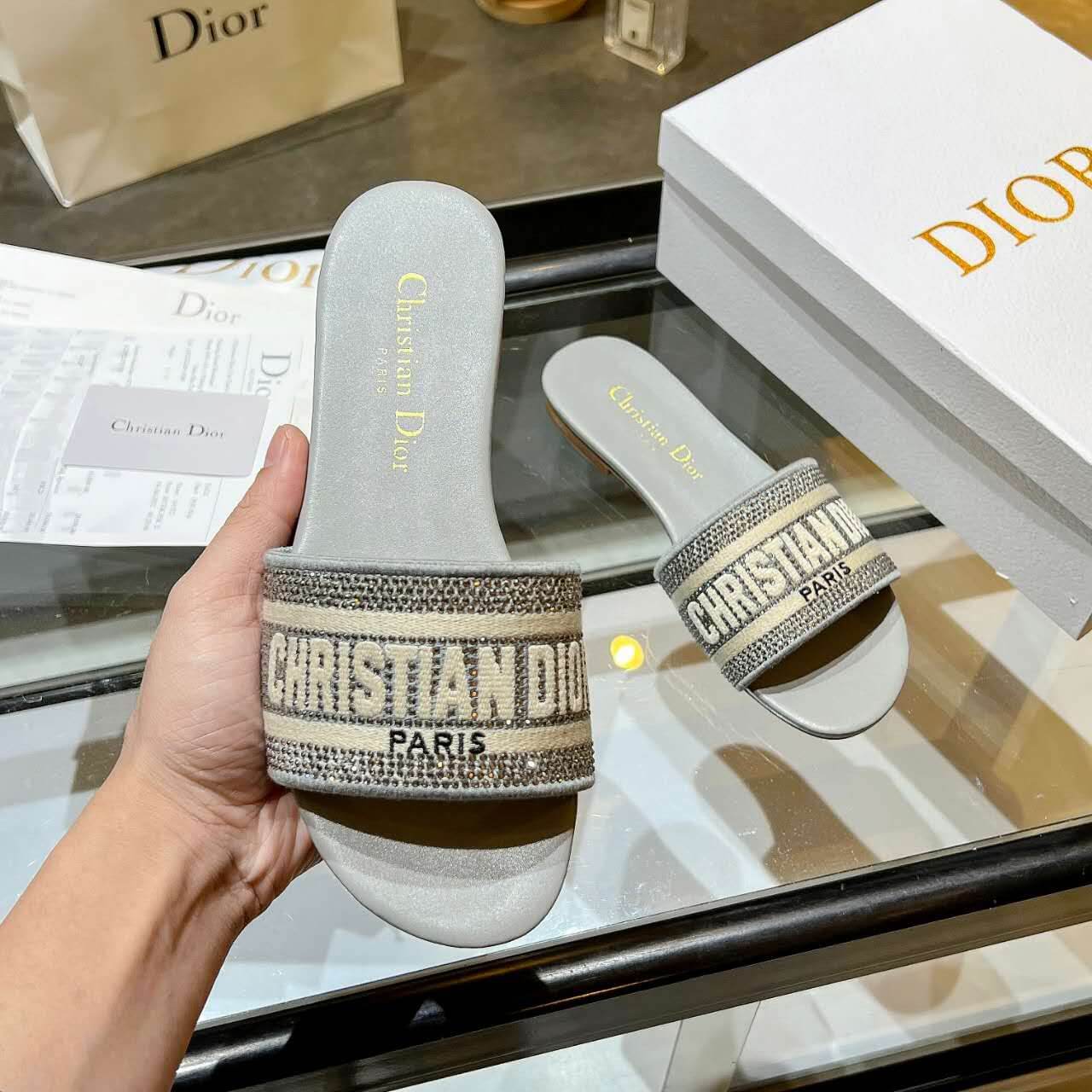 Dior Dway Silver Glitter Slide Sandals - Image 7