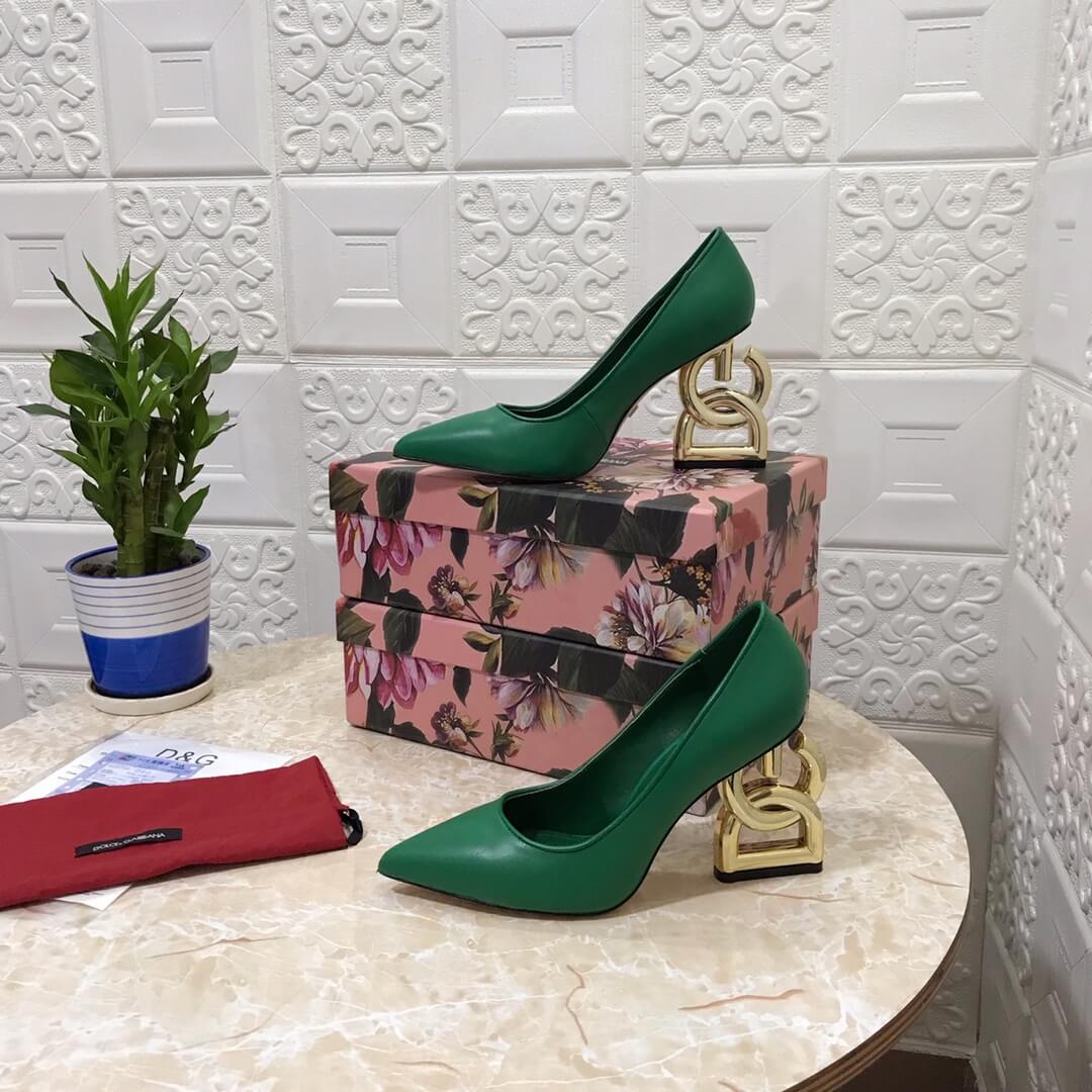 Dolce & Gabbana Green Leather Pumps with Gold Sculptural DG Logo Heel