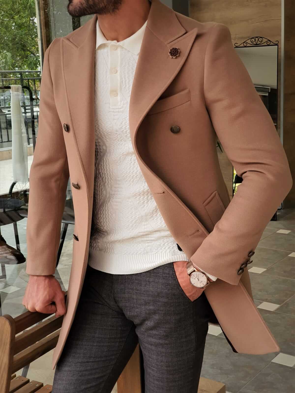 COLDEN DOUBLE BREASTED BEIGE WOOL COAT - Image 8