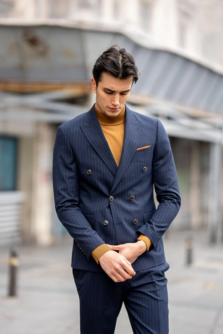 Double-Breasted Navy Blue Men's  Suit - Image 4
