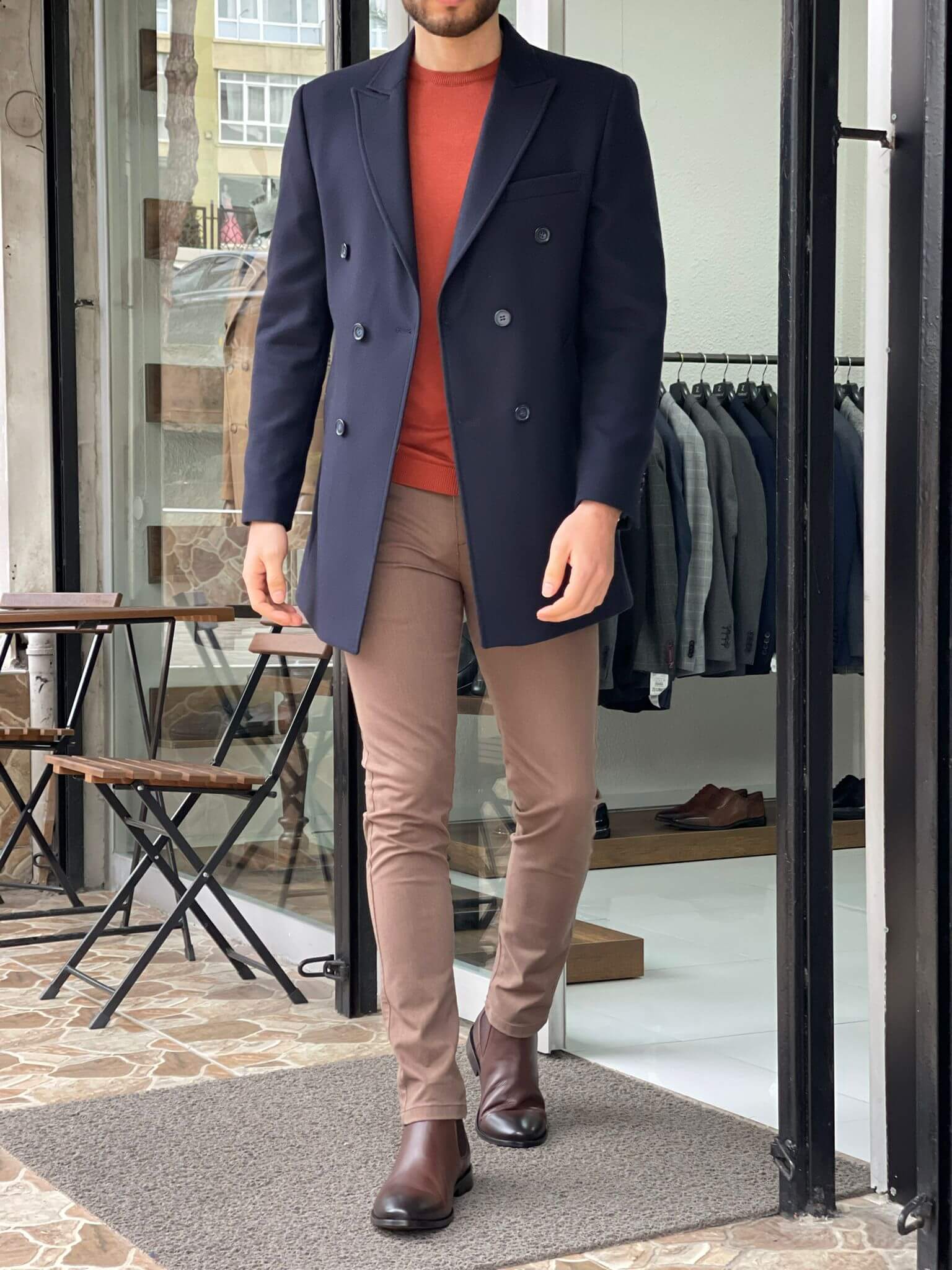 Double Breasted Navy Blue Wool Coat - Image 2