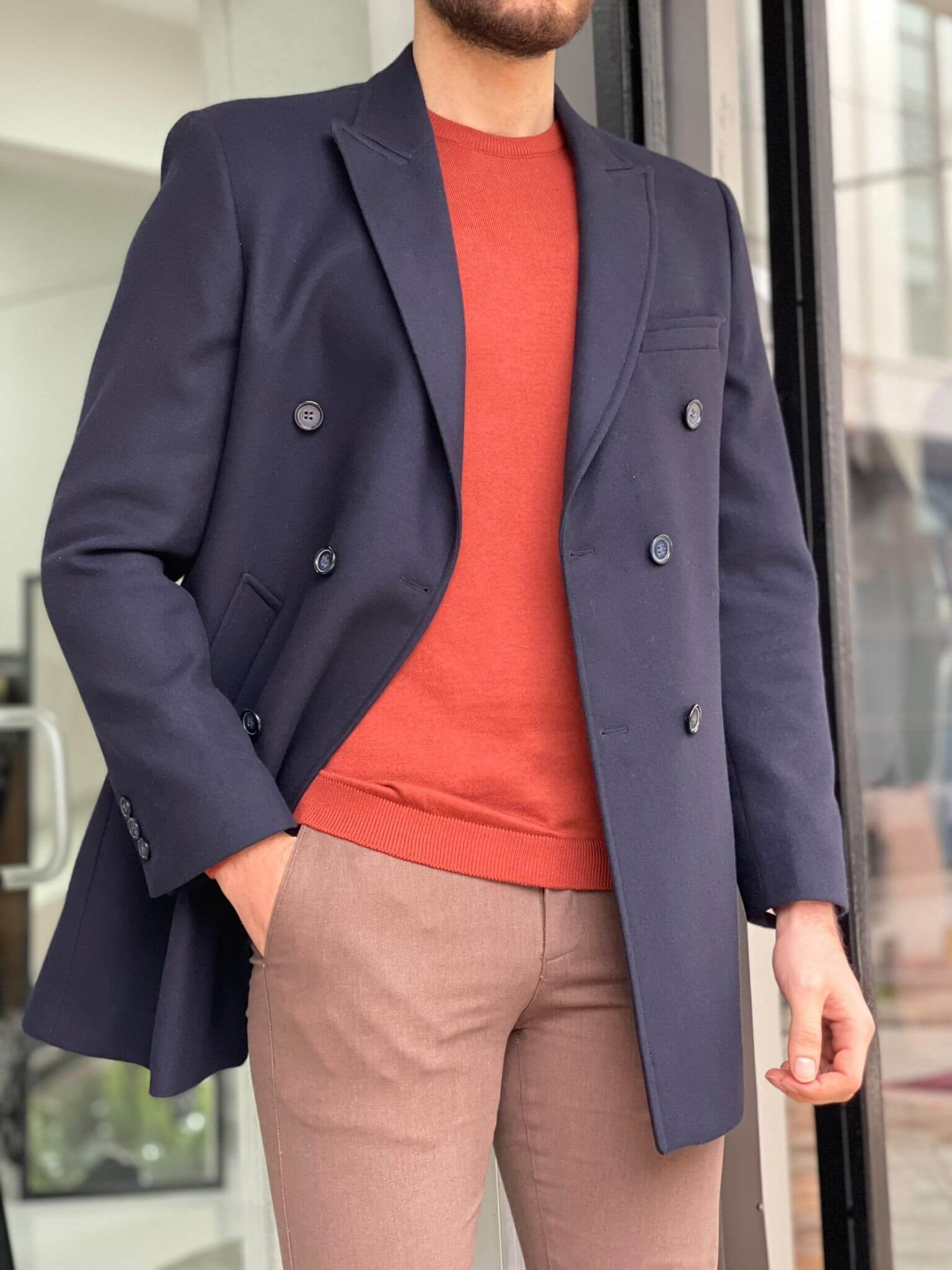 Double Breasted Navy Blue Wool Coat - Image 4