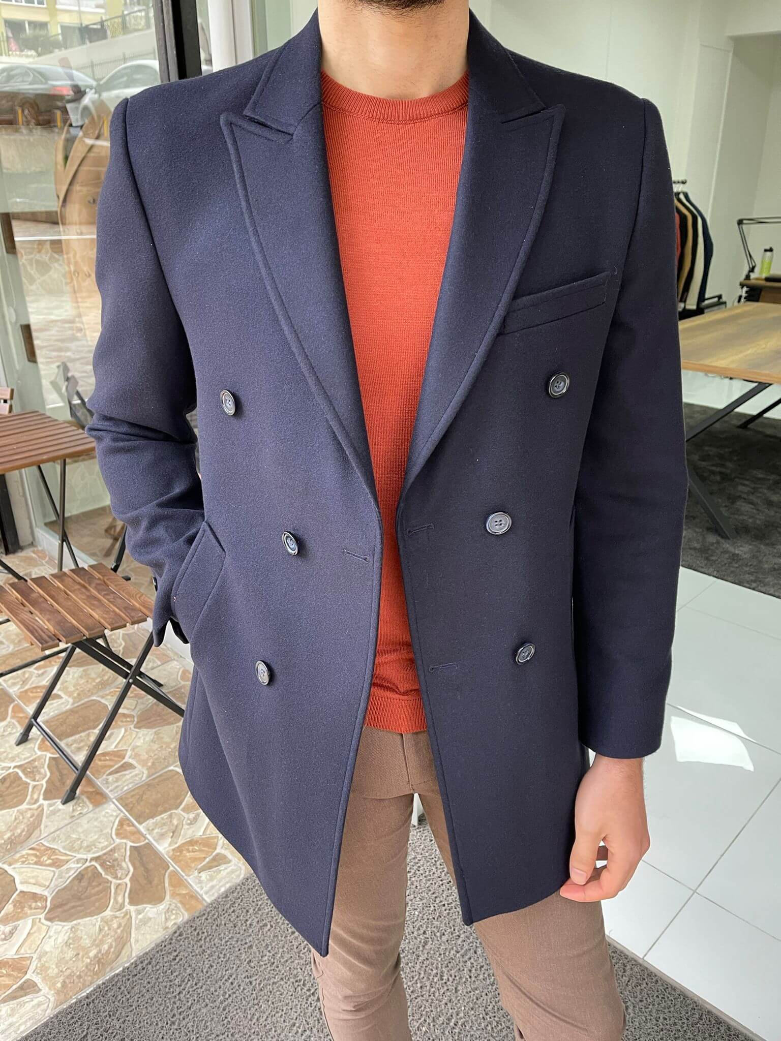 Double Breasted Navy Blue Wool Coat - Image 7