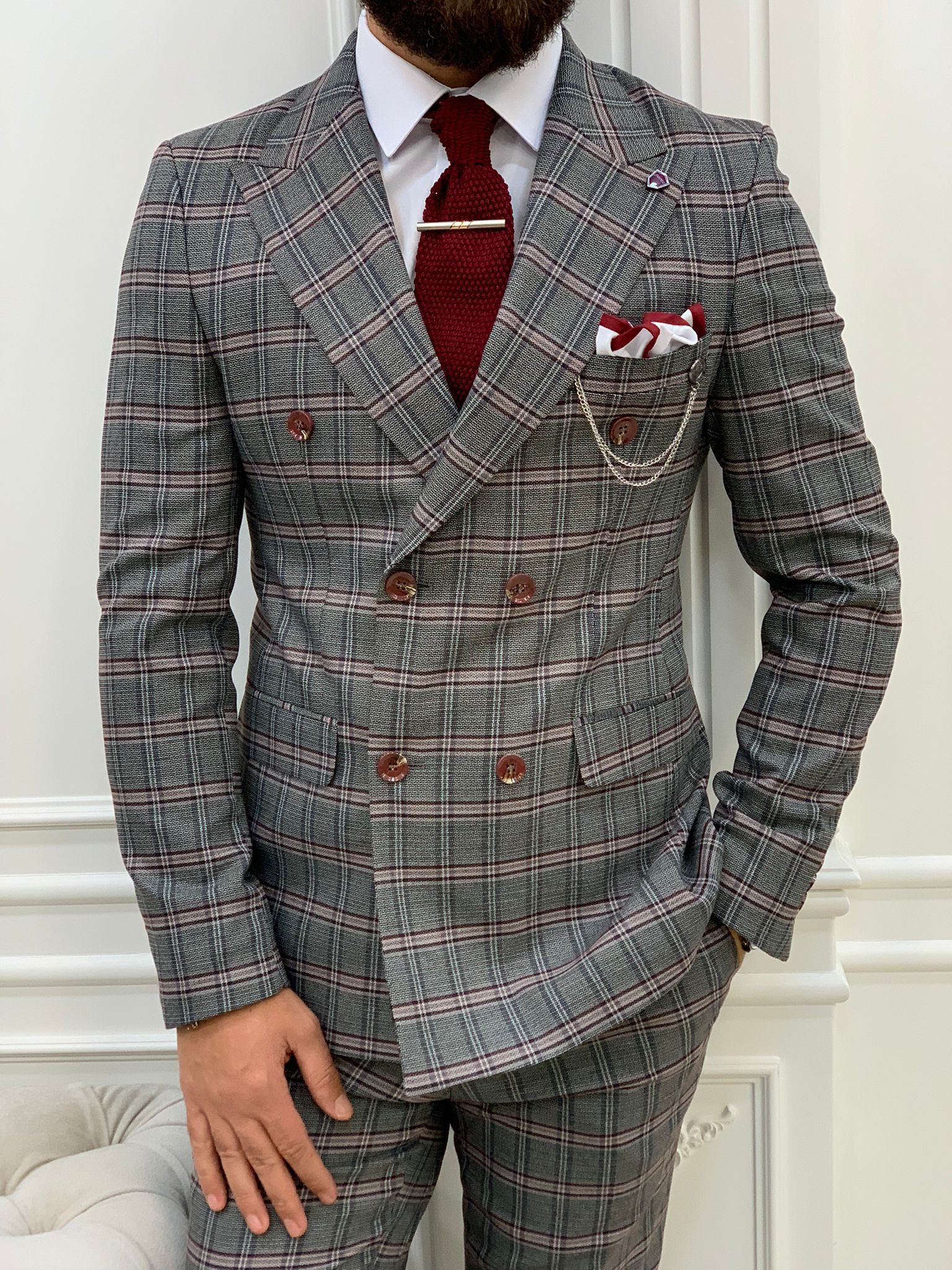 Double Breasted Plaid Pink Suit - Image 5
