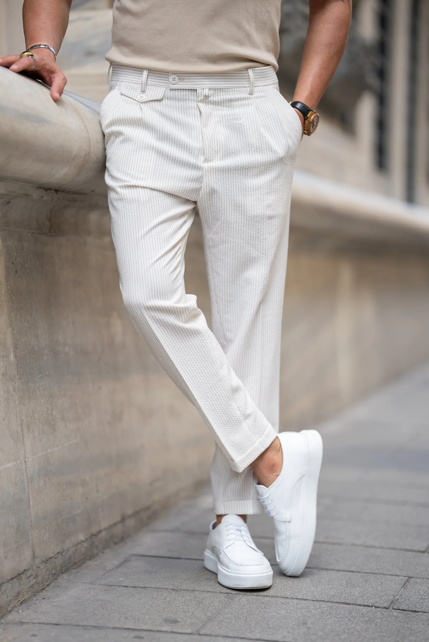 Slim Fit Men's Ecru Fabric Trousers (Casual).