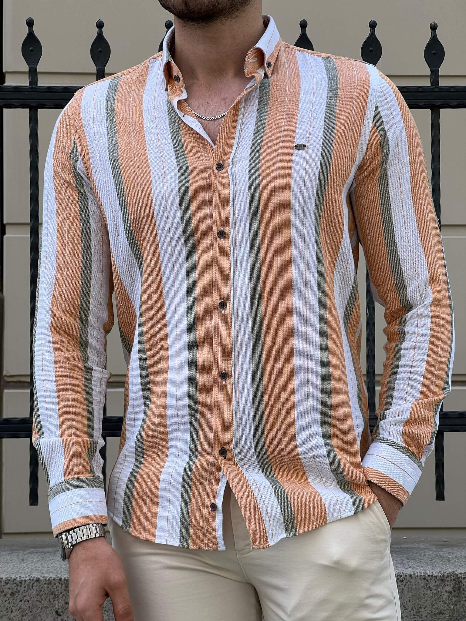 Foldable Sleeve Striped Mustard Shirt - Image 6