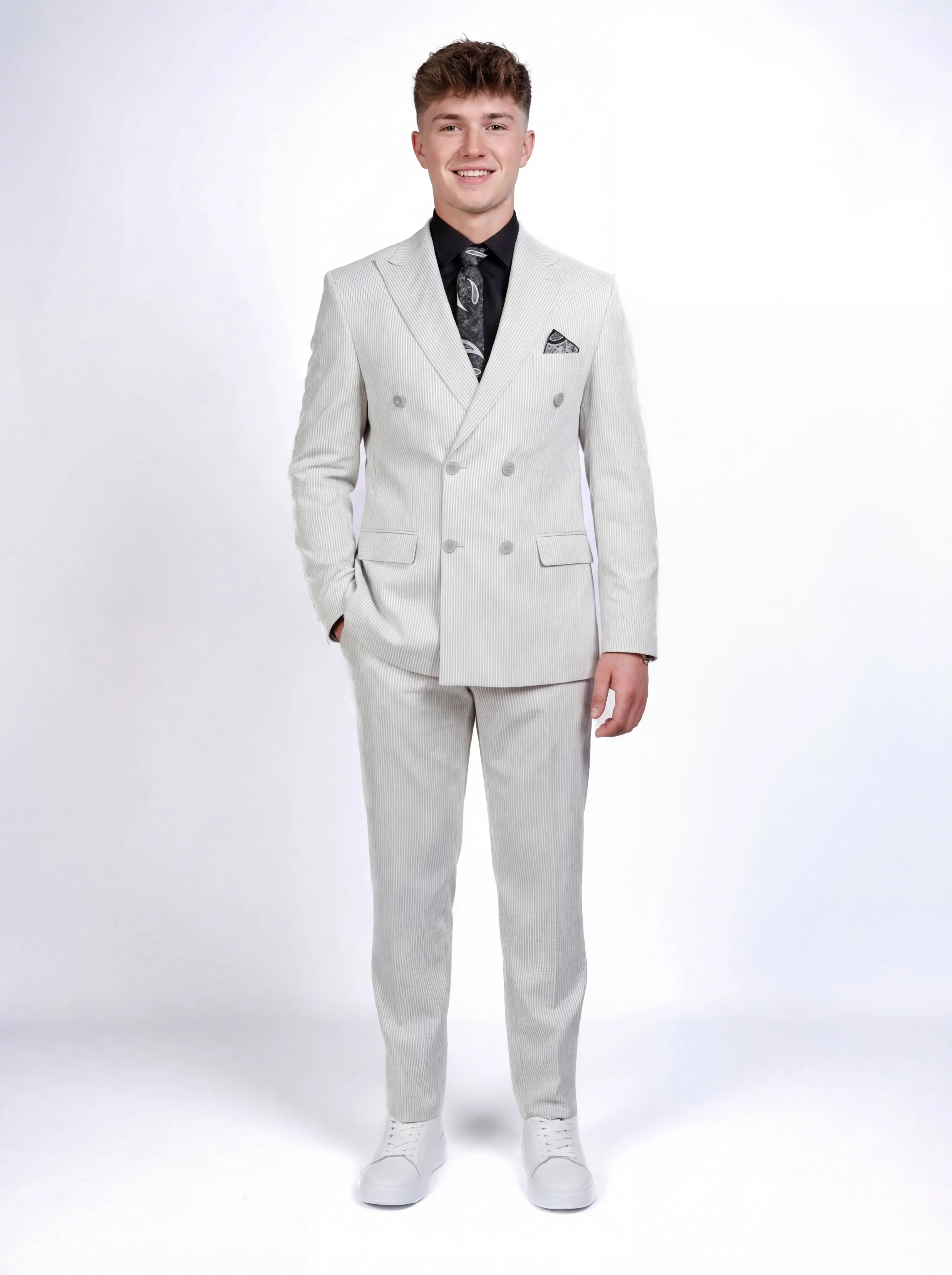 Gray Double-Breasted Pinstripe Prom Suit. - Image 4