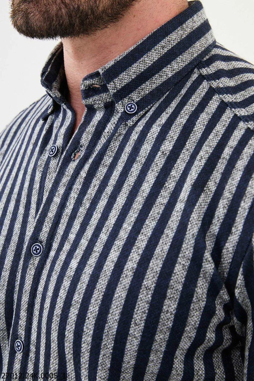 Gray - Navy Blue Striped Men's Casual Shirt. - Image 2