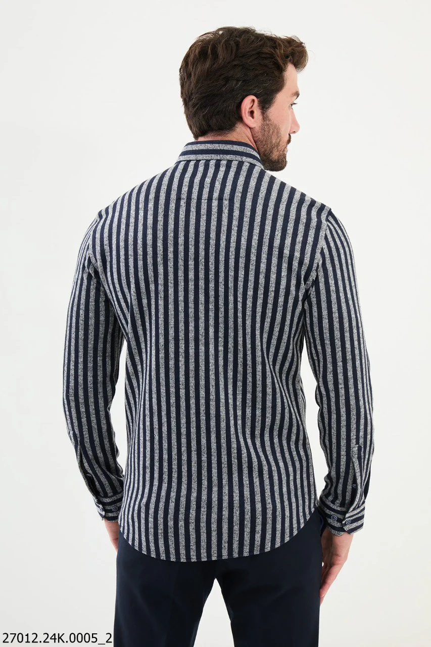 Gray - Navy Blue Striped Men's Casual Shirt. - Image 3