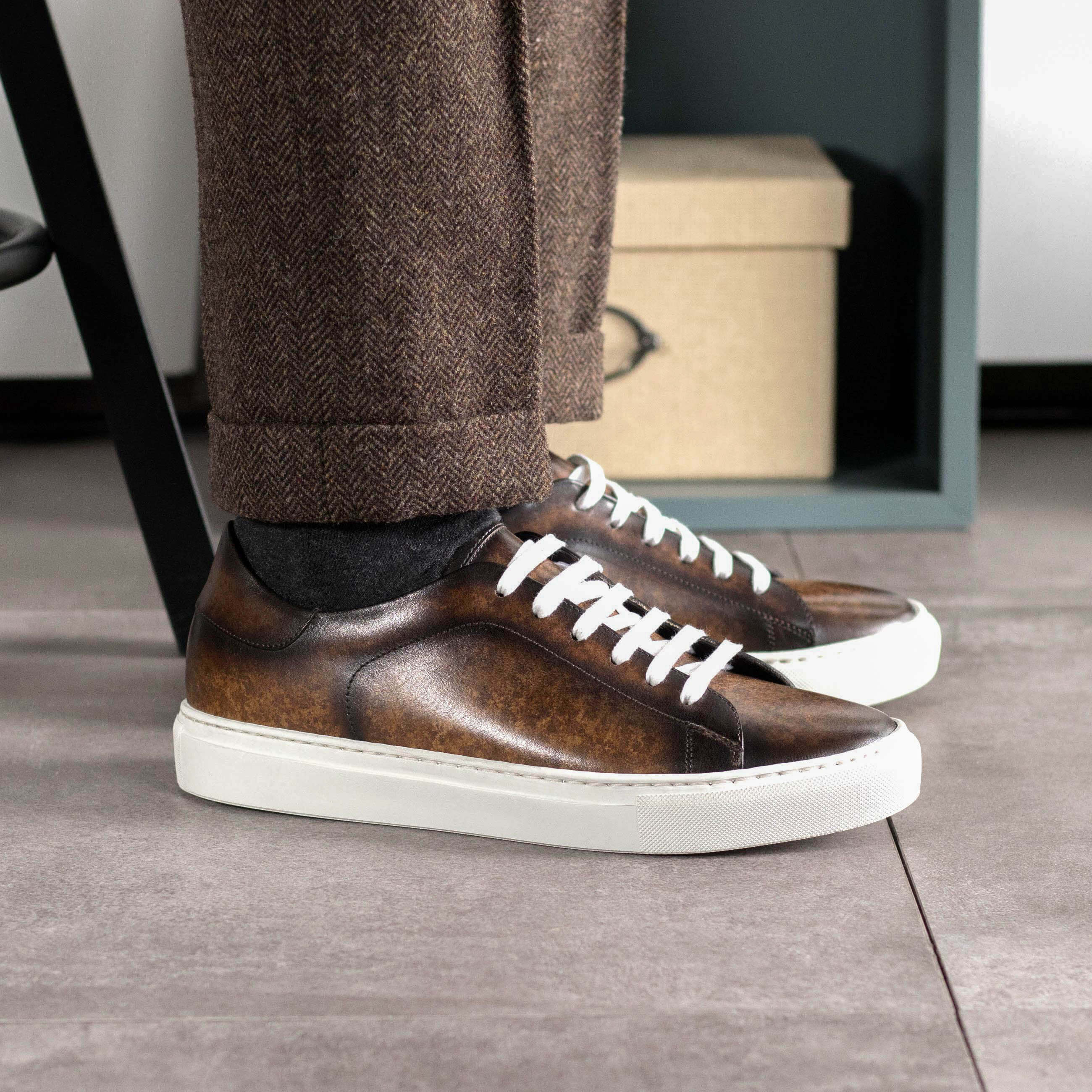 Handmade Brown Patina Leather Sneakers – Custom Fit Trainers for Men. - Image 3