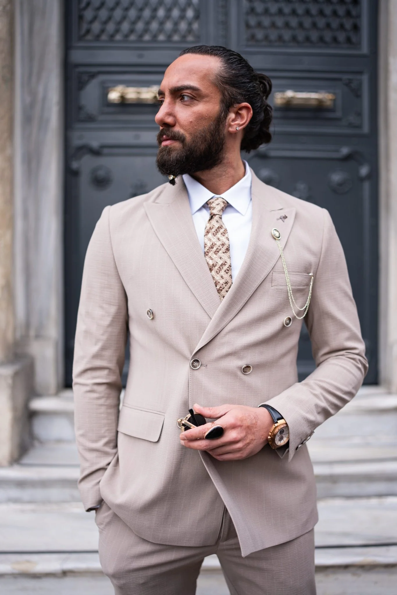 Hollo Double Breasted Pinstripe Beige Suit - Image 2