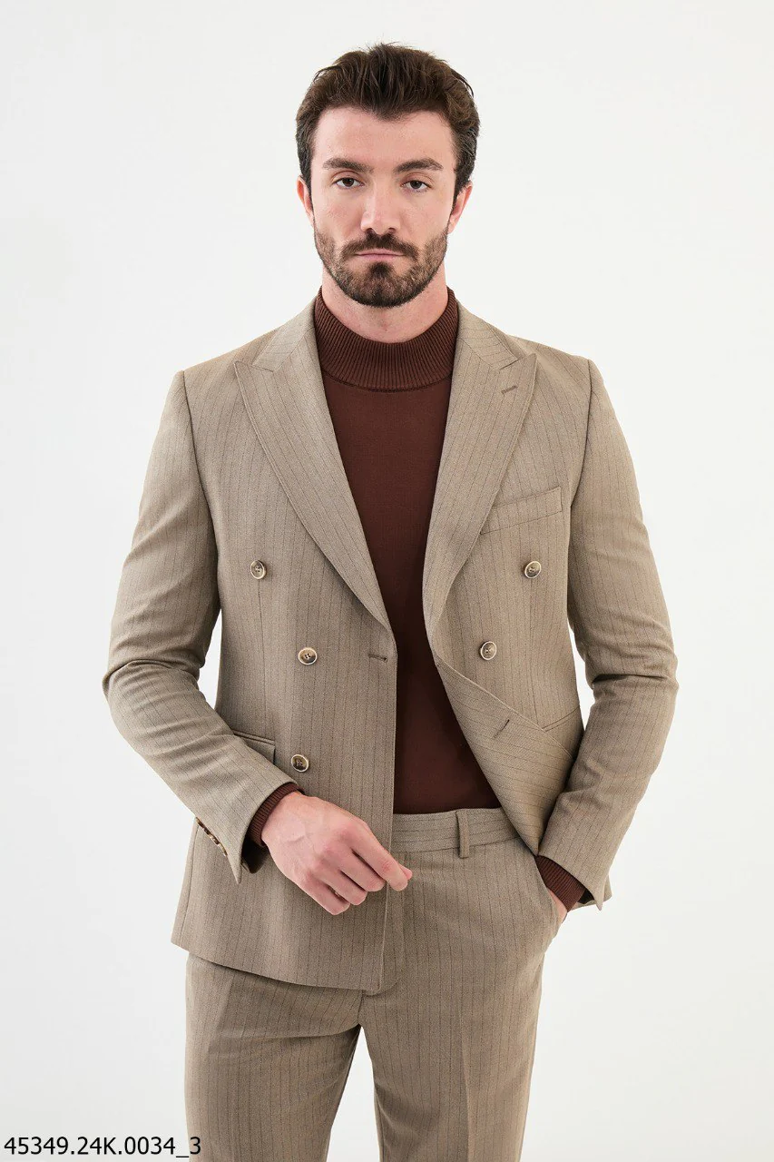 HolloMen Beige Pinstripe Double-Breasted Suit. - Image 2