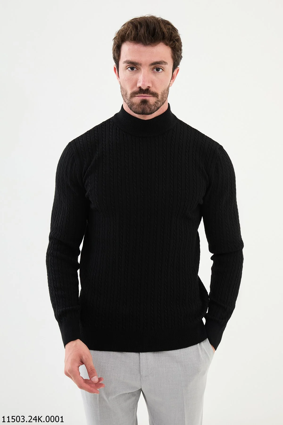 HolloMen Black Cable Knit Turtleneck Sweater.