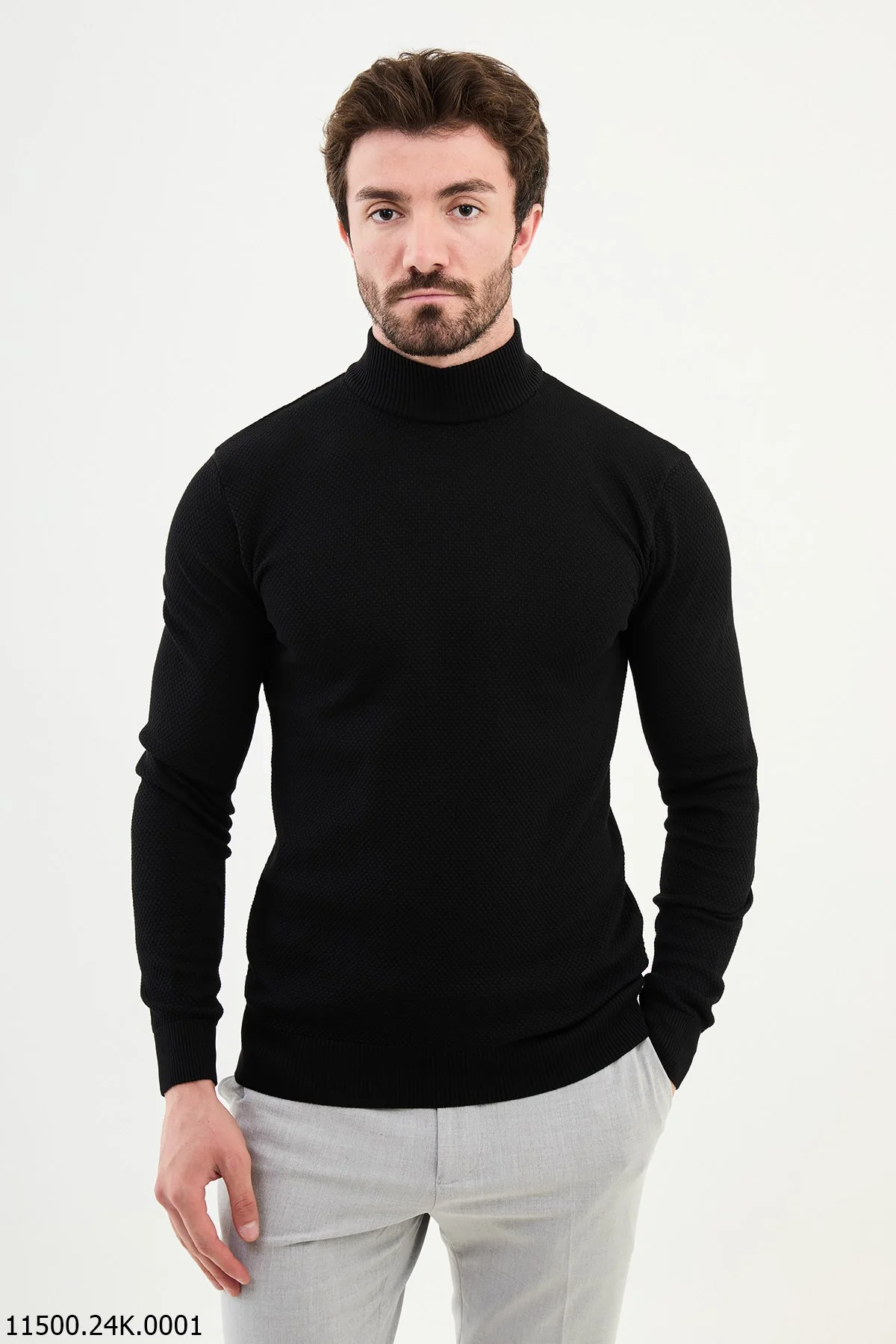 HolloMen Black Textured Turtleneck Sweater.