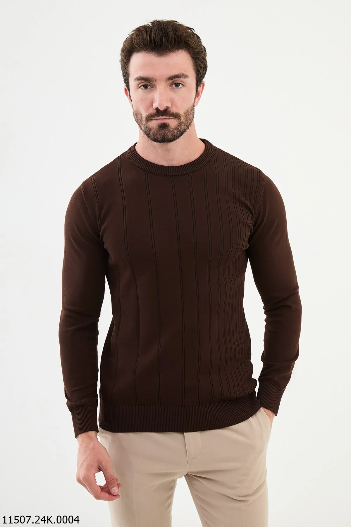 HolloMen Brown Ribbed Crew Neck Sweater.