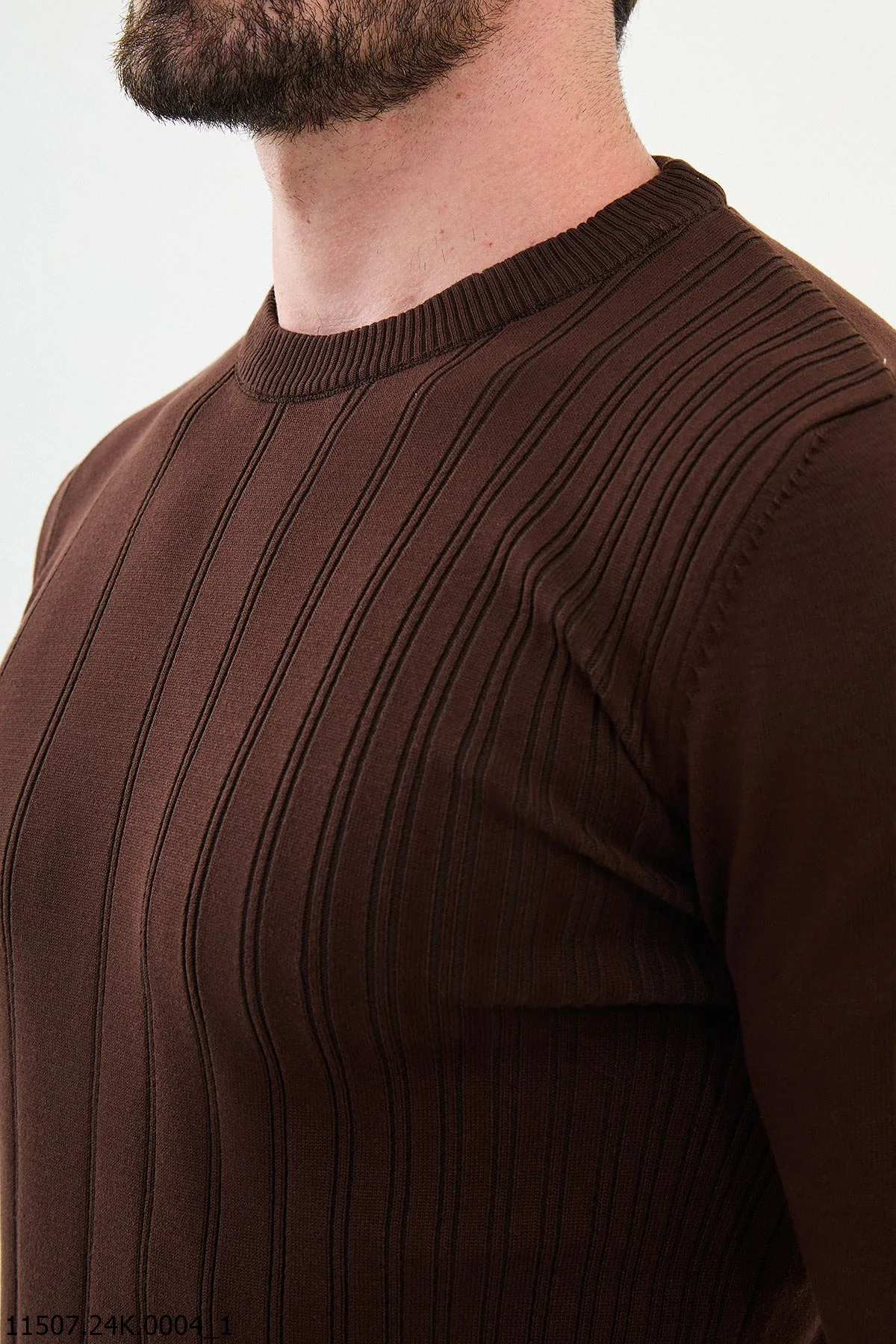 HolloMen Brown Ribbed Crew Neck Sweater. - Image 2