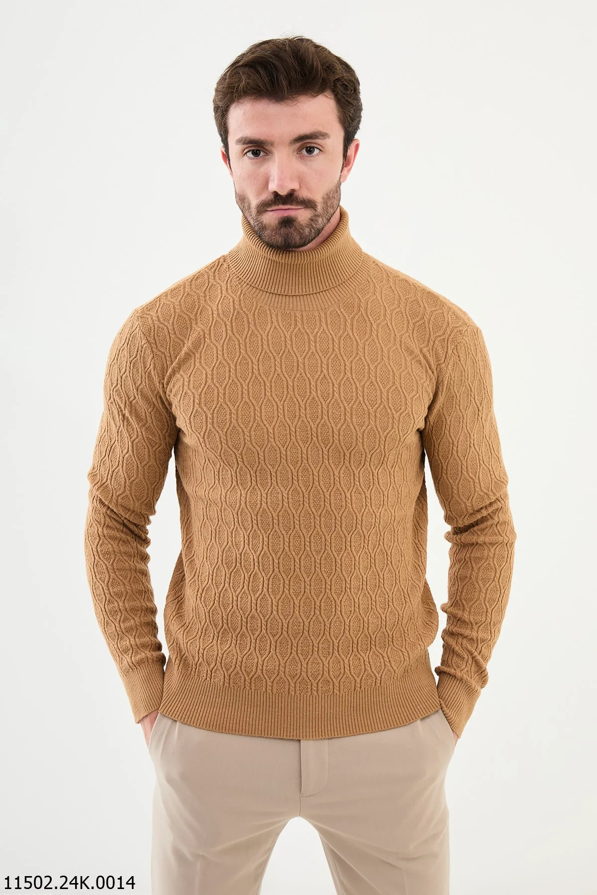 HolloMen Camel Brown Textured Knit Turtleneck Sweater.