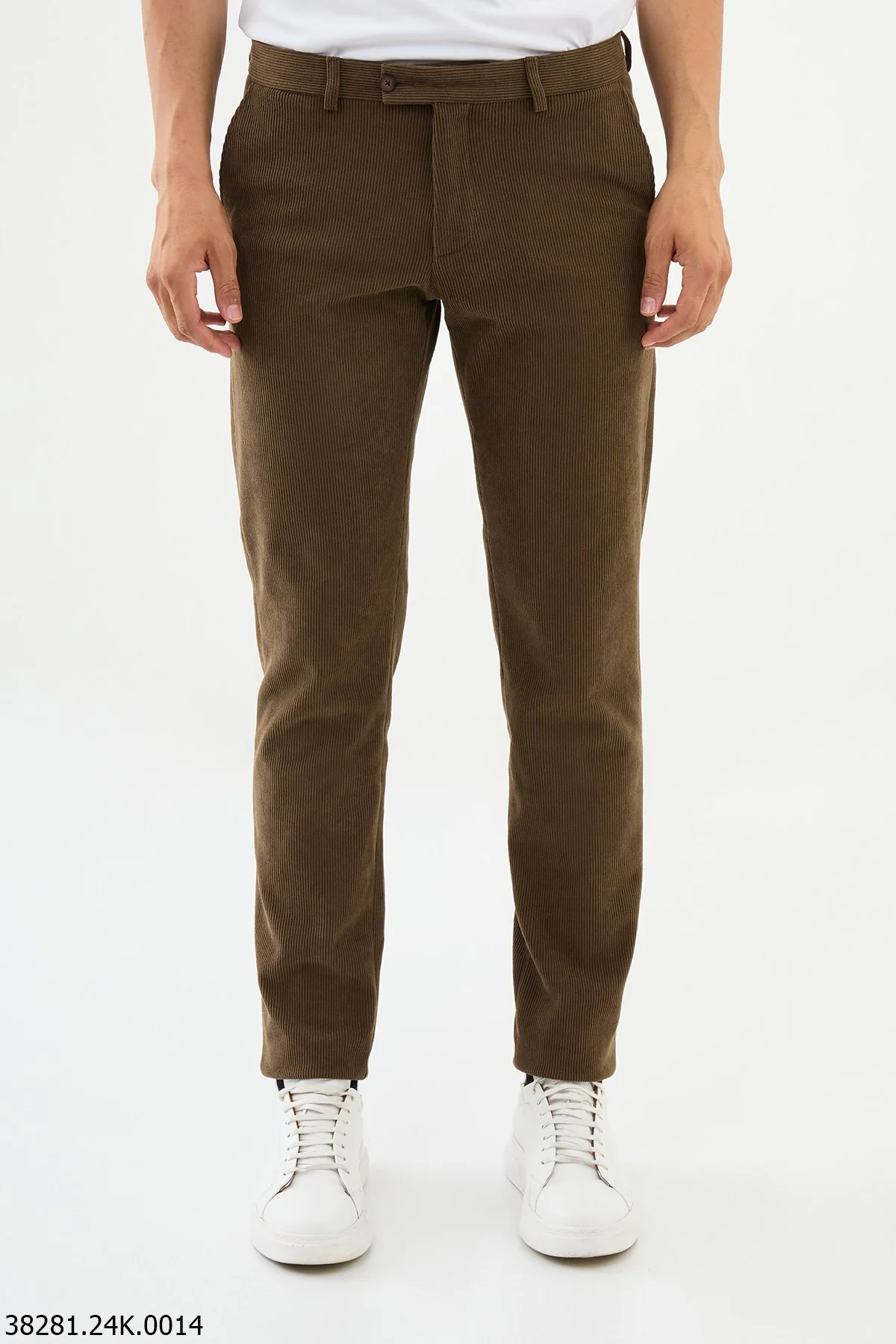 HolloMen Camel Corduroy Slim Fit Trousers. - Image 2