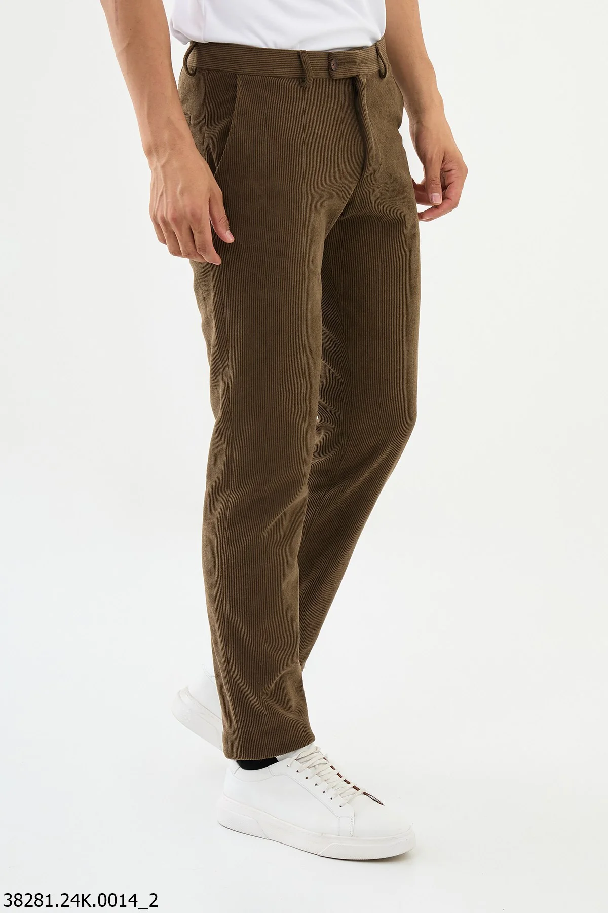 HolloMen Camel Corduroy Slim Fit Trousers. - Image 3