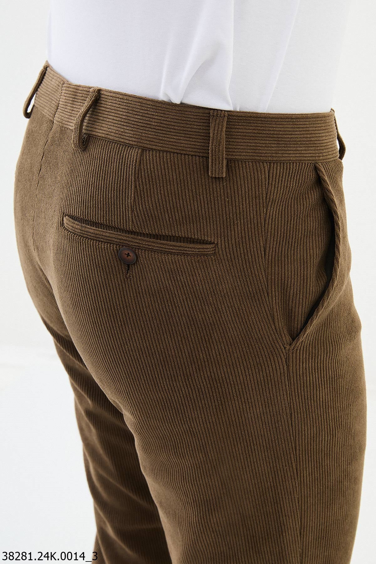 HolloMen Camel Corduroy Slim Fit Trousers. - Image 4