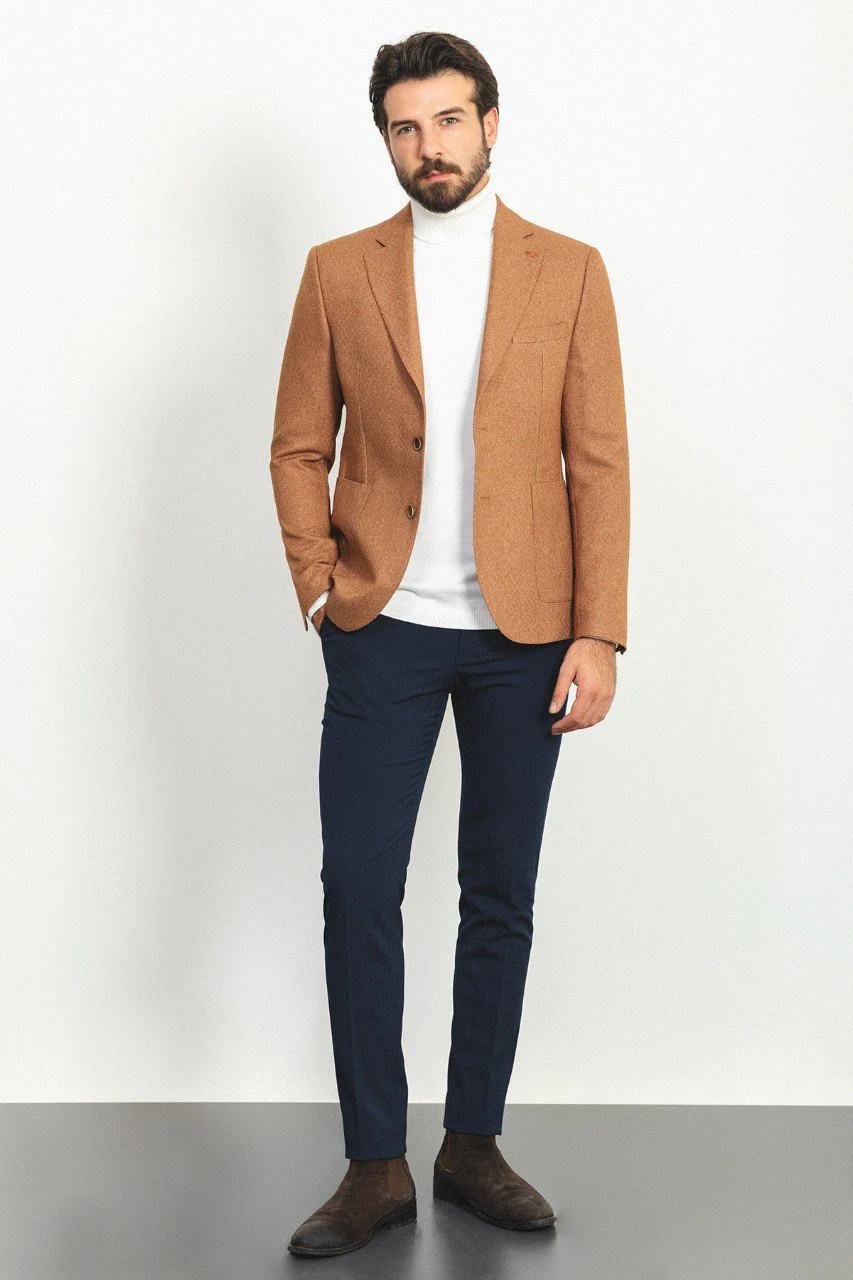HolloMen Camel Textured Blazer Jacket - Image 4