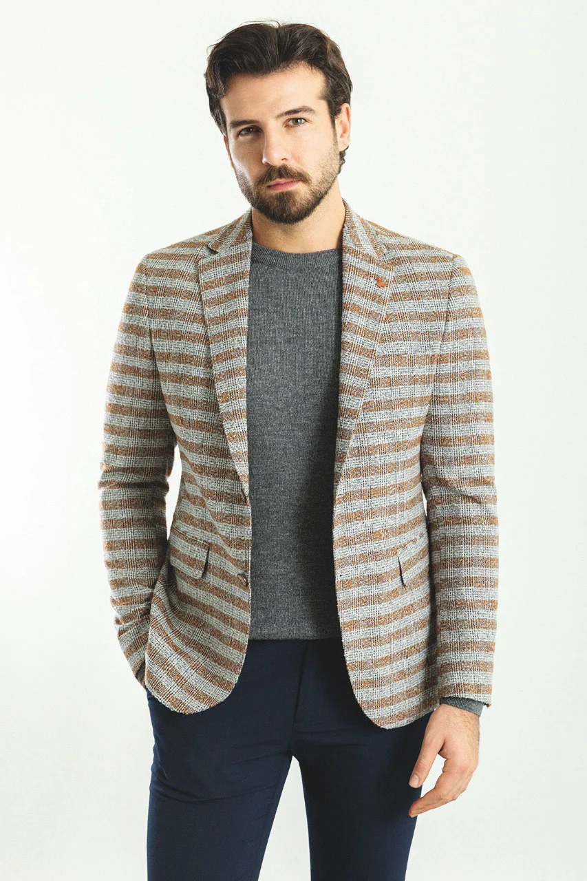 HolloMen Gray & Camel Striped Blazer - Image 3