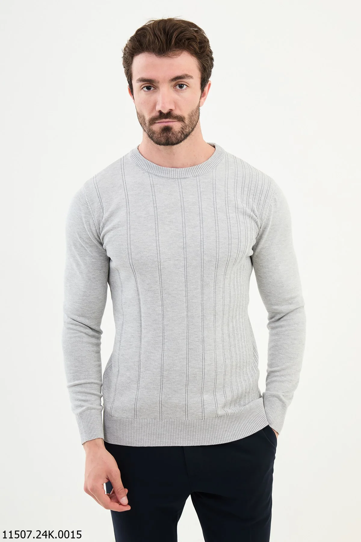 HolloMen Light Gray Ribbed Crew Neck Sweater.