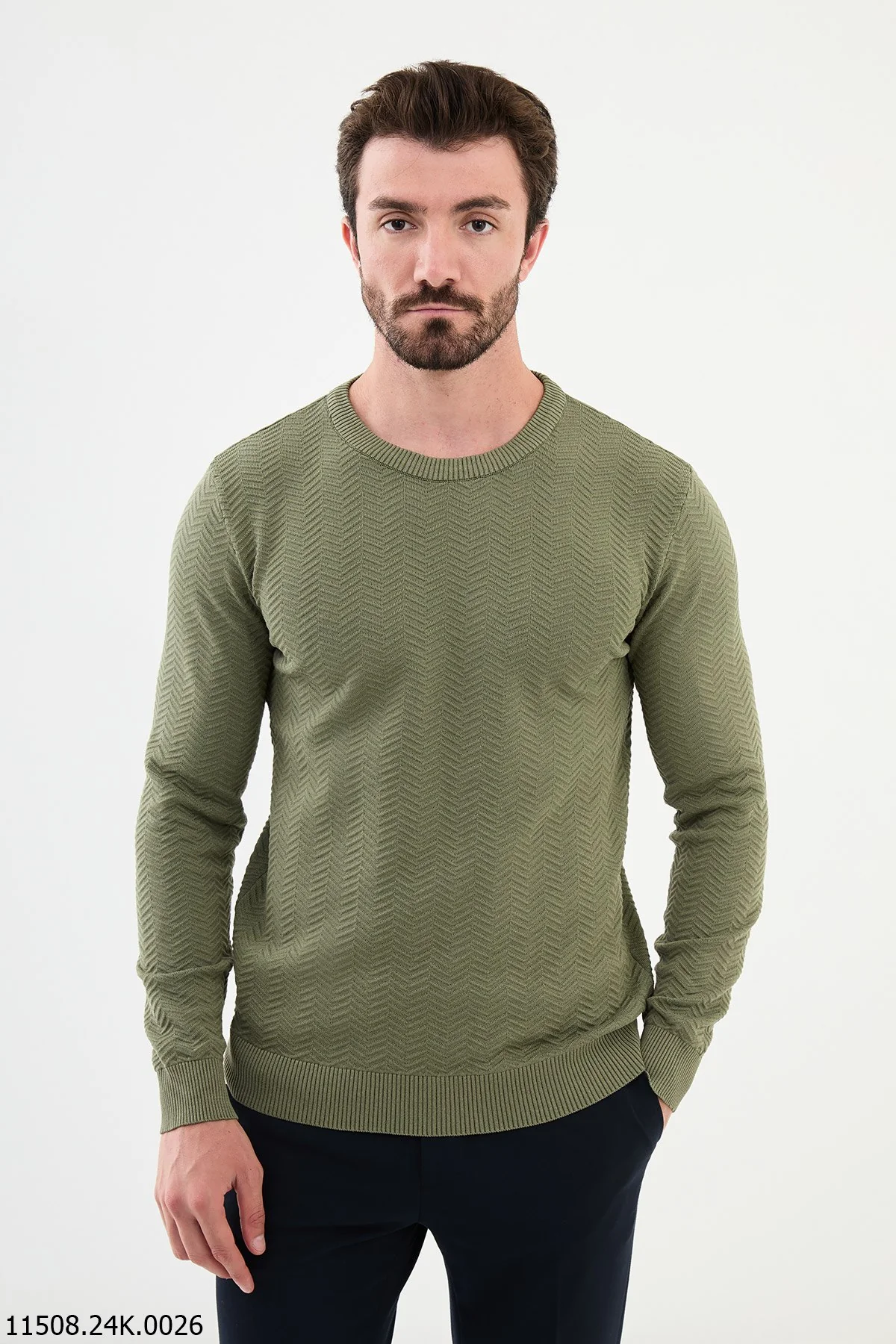HolloMen Olive Green Textured Knit Sweater.