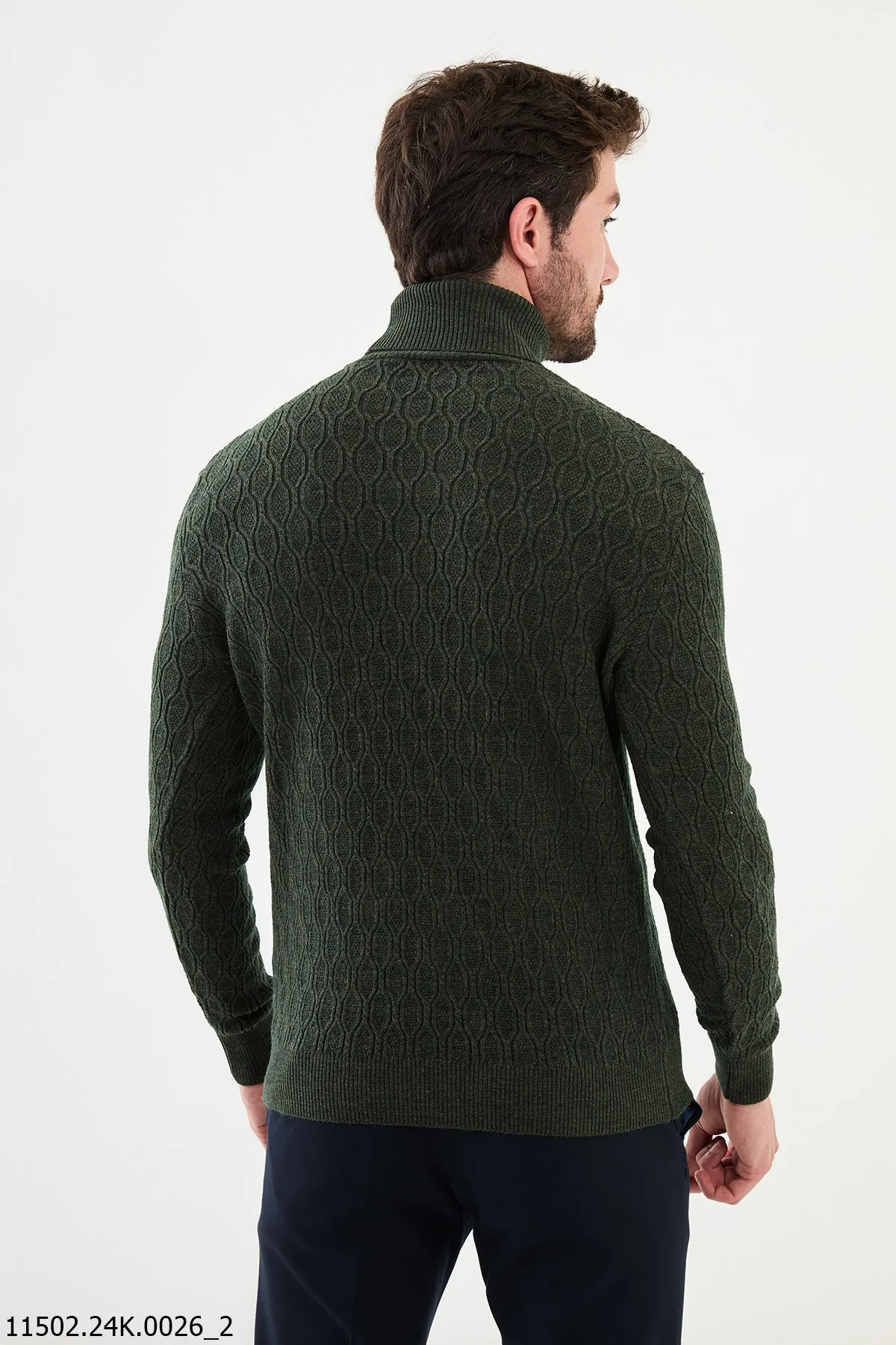 HolloMen Olive Green Textured Knit Turtleneck Sweater. - Image 3