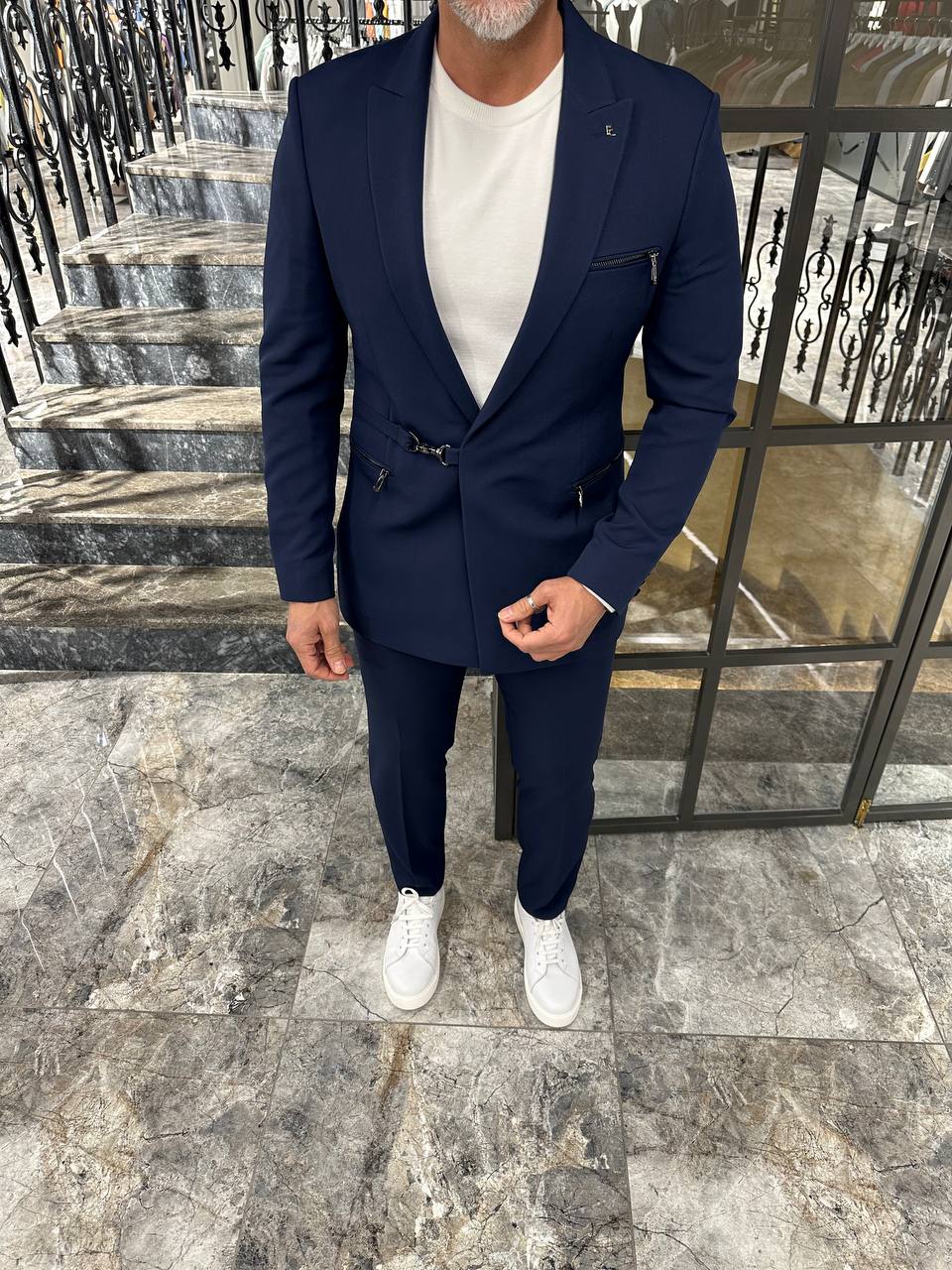 HolloMen Slim Fit Navy Blue Suit with Buckle Closure - Image 3