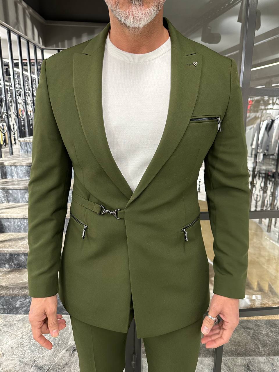 HolloMen Slim Fit Olive Green Statement Suit with Buckle Closure - Image 7