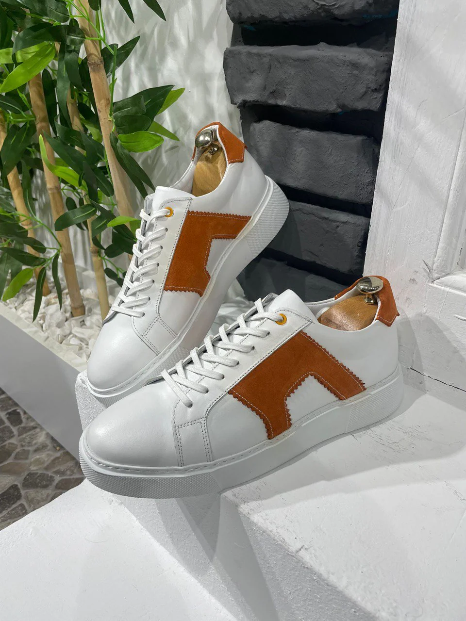 HolloMen White Leather Sneakers with Suede Detailing. - Image 2