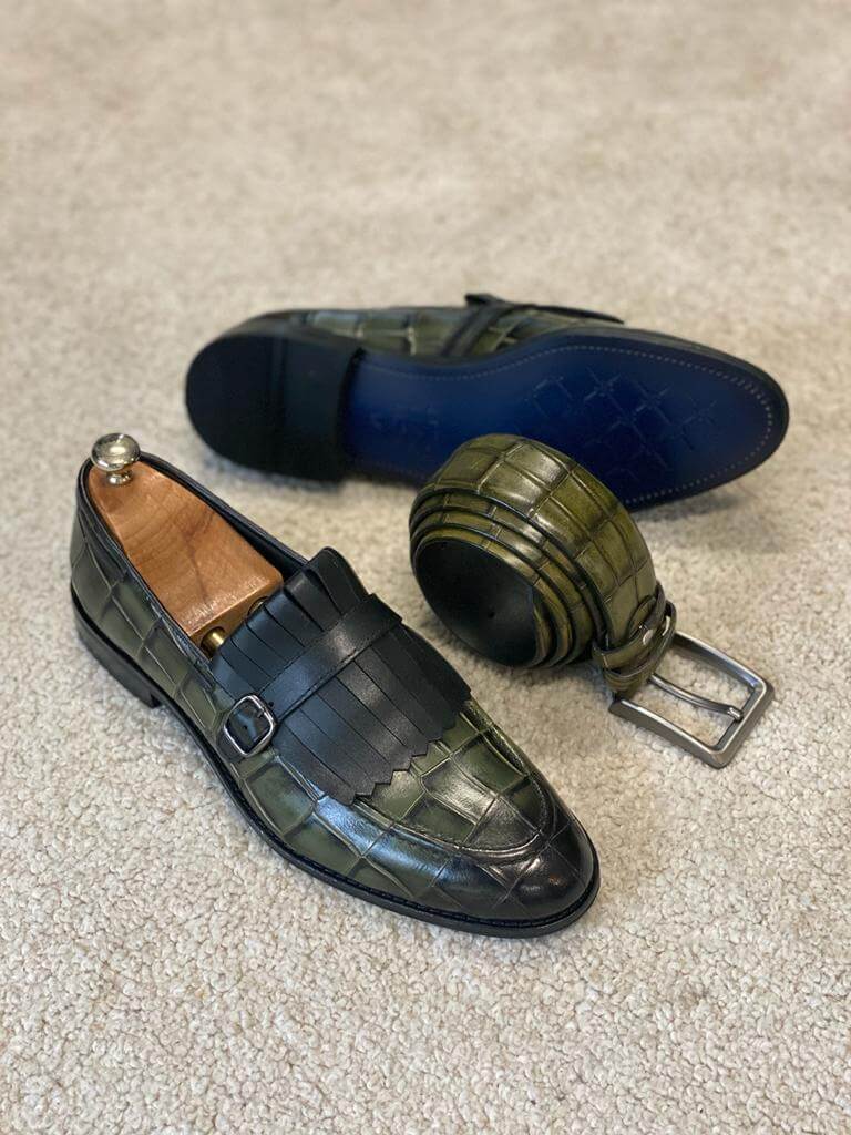 Seville Khaki Patterned Single Buckle Loafers - Image 2