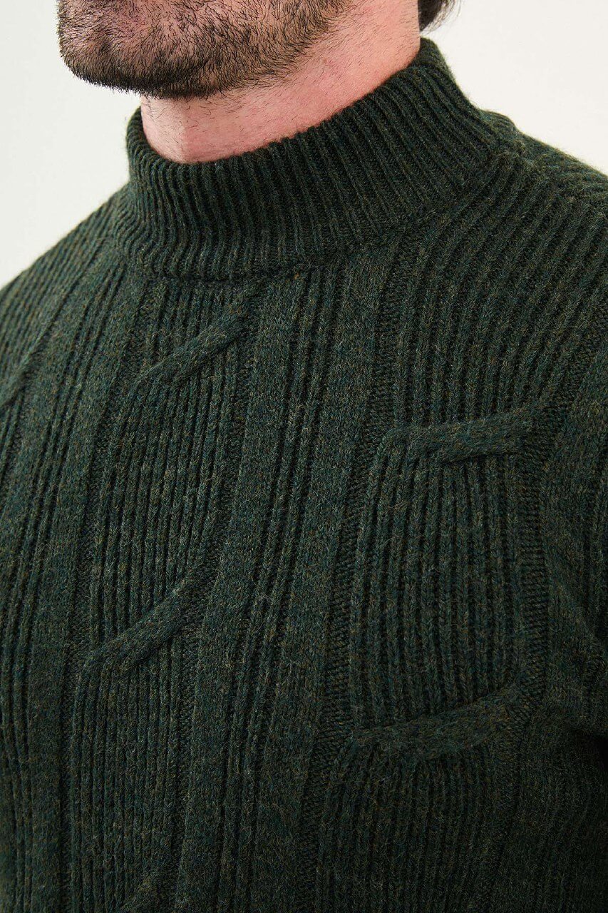 Khaki Green Cable-Knit Mock Neck Sweater. - Image 2