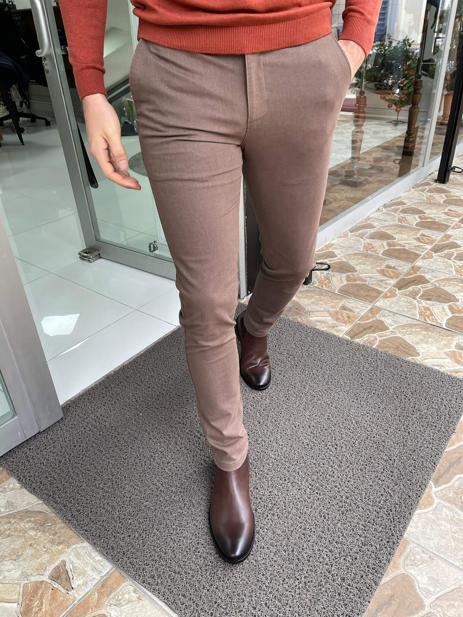 Men’s Slim Fit Light Brown Wool Trousers - Image 3